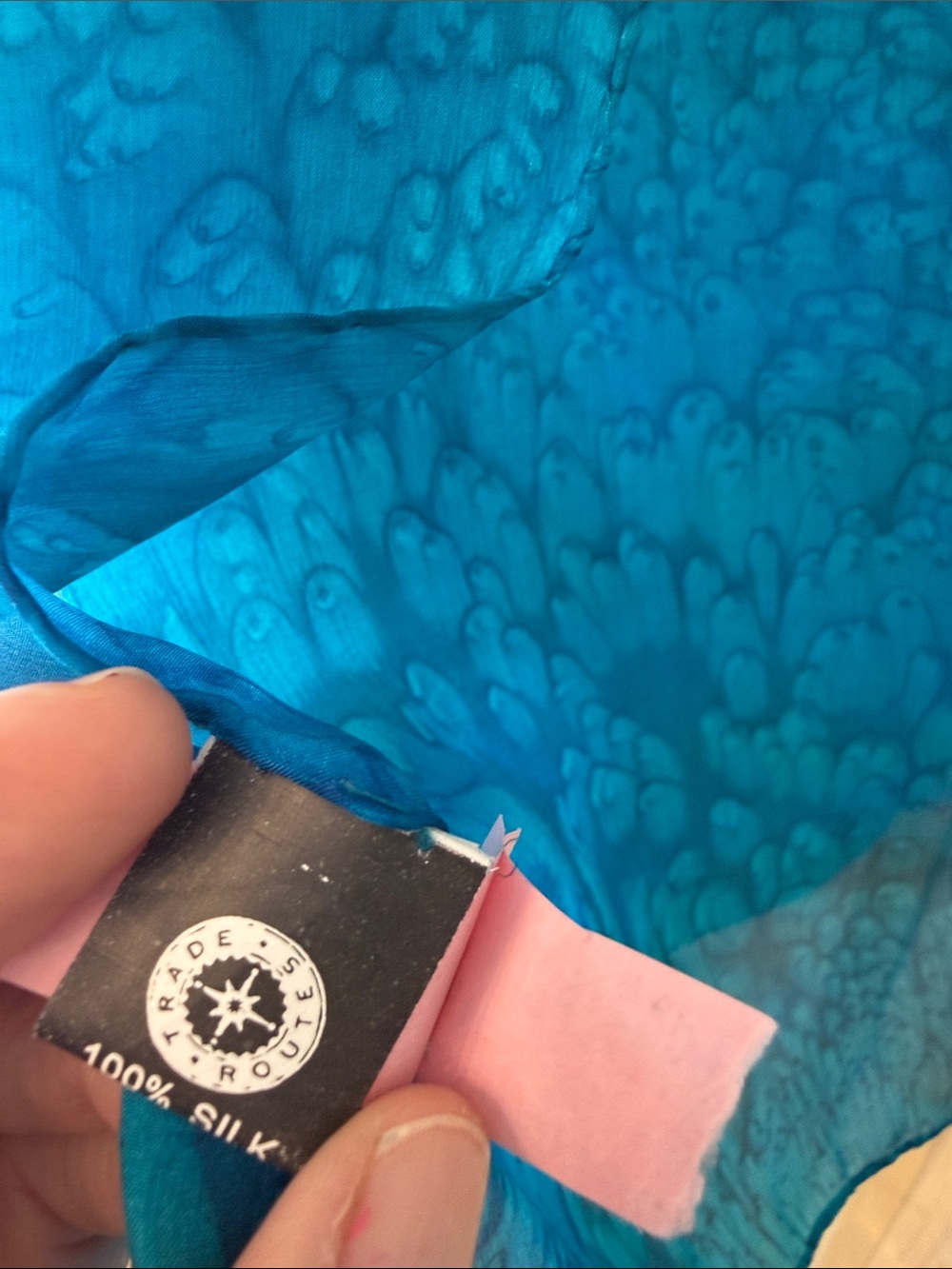 Vibrant Teal Blue Patterned Silk Scarf - Picture 4 of 4